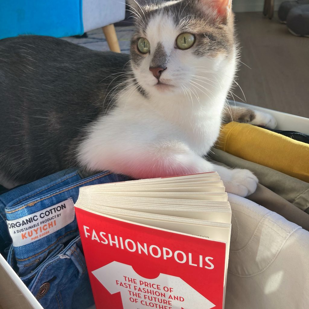 my cat hunky next to the book fashionopolis by dana thomas
