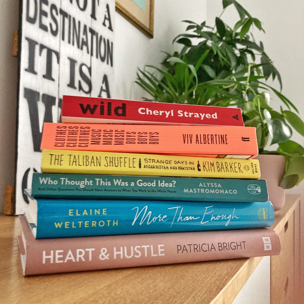 a bookstack with memoirs and other biographical accounts by strong women